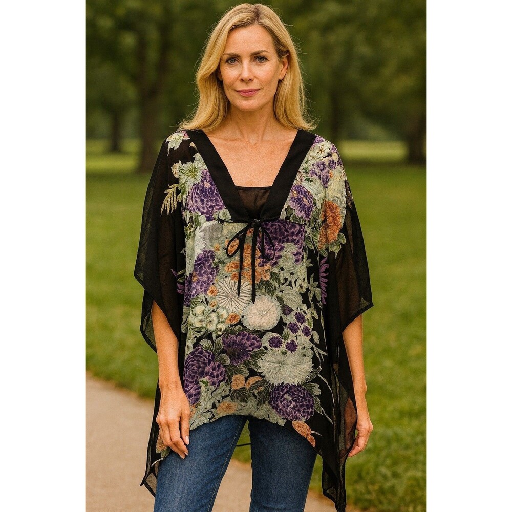 LA CERA Sheer Floral Tunic Blouse Small Black Purple Orange V- Neck Boho Top